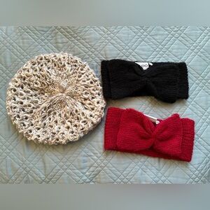 BUNDLE 3 LOT Aldo Black Red Bow Earmuffs Beige Cream Open Knit Beanie Coquette